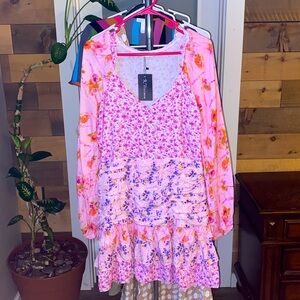 NWT R. Vivimos Floral pink Long Sleeve mini Dress L